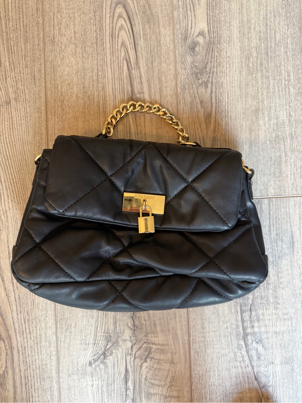 Steve Madden Quilted Black Shoulder Bag with Gold Chain and Lock Detail